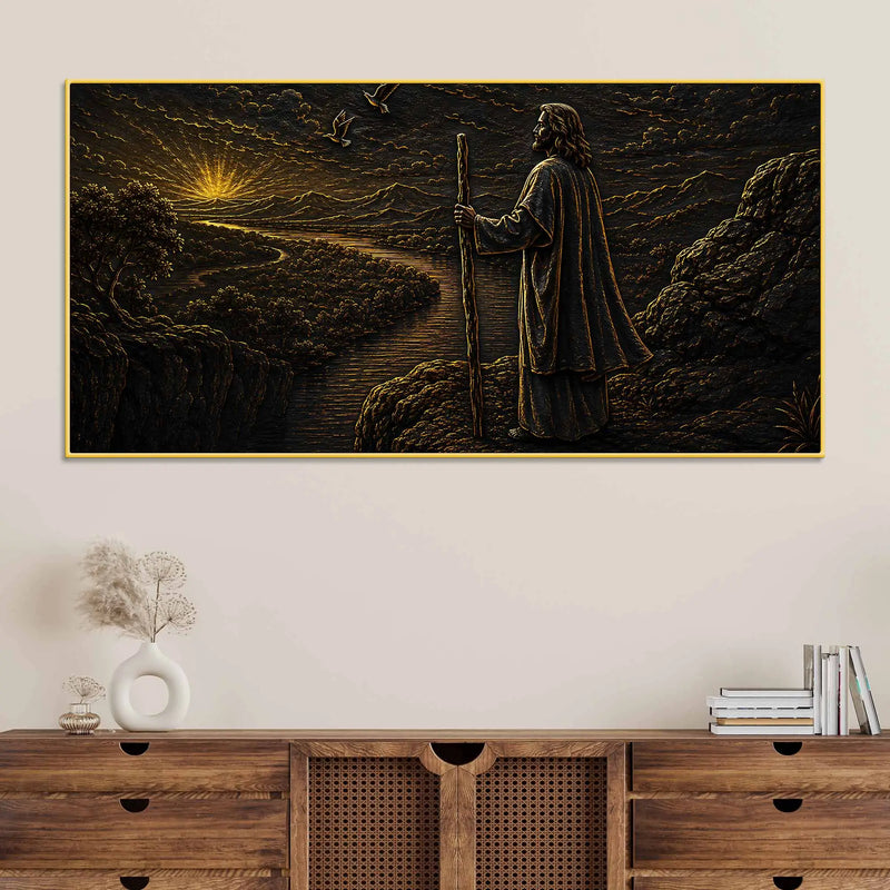 Jesus Christ at Sunrise Black & Gold Metallic Look 3D Canvas Wall Painting