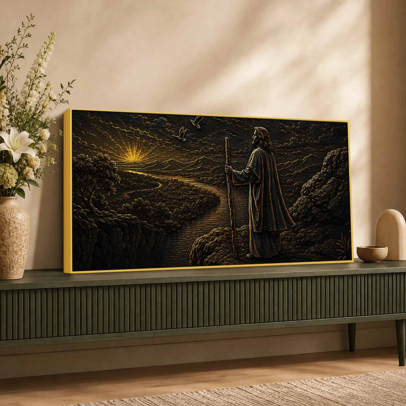 Jesus Christ at Sunrise Black & Gold Metallic Look 3D Canvas Wall Painting