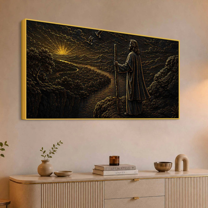 Jesus Christ at Sunrise Black & Gold Metallic Look 3D Canvas Wall Painting