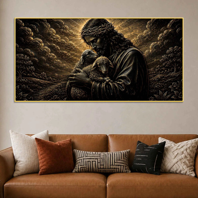Jesus Christ Embracing Lambs Metallic Look 3D Canvas Wall Painting