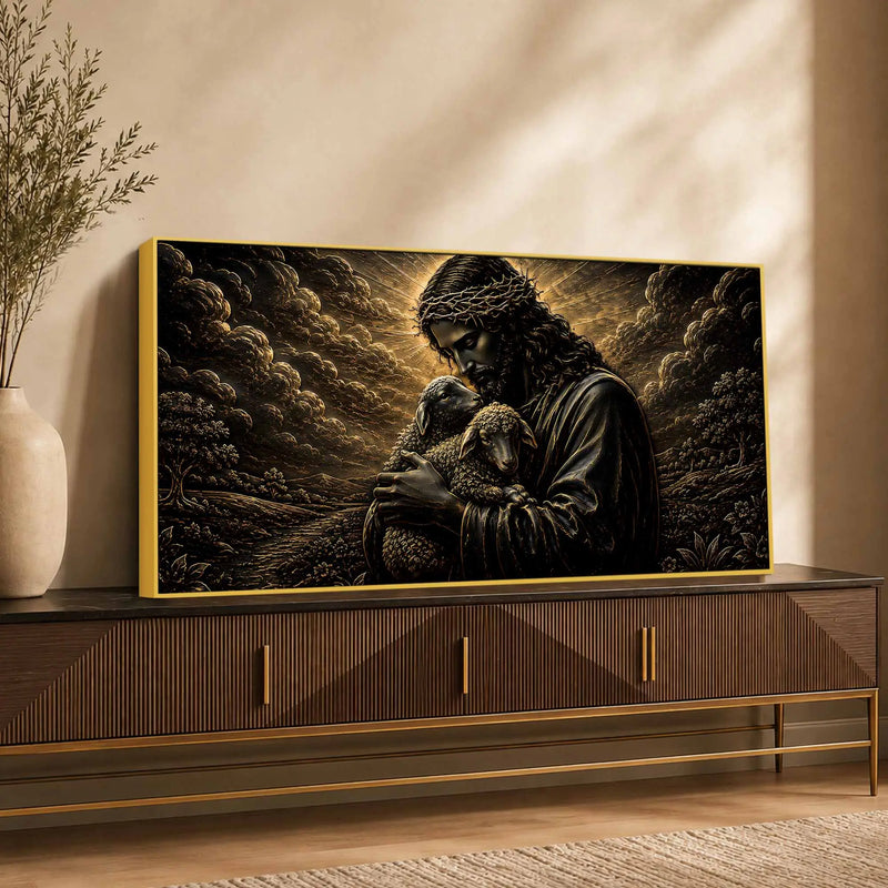 Jesus Christ Embracing Lambs Metallic Look 3D Canvas Wall Painting