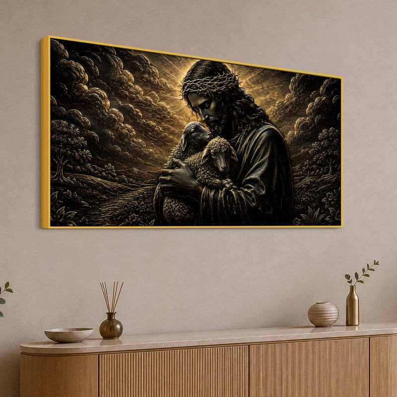 Jesus Christ Embracing Lambs Metallic Look 3D Canvas Wall Painting