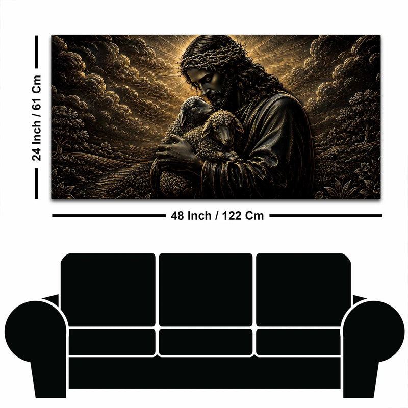 Jesus Christ Embracing Lambs Metallic Look 3D Canvas Wall Painting