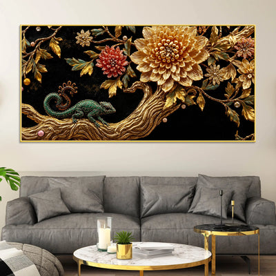Jeweled Emerald Chameleon on Golden Floral Tree 3D Canvas Wall Painting
