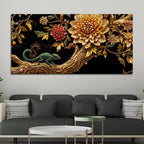 Jeweled Emerald Chameleon on Golden Floral Tree 3D Canvas Wall Painting