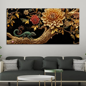 Jeweled Emerald Chameleon on Golden Floral Tree 3D Canvas Wall Painting