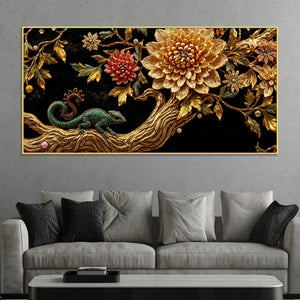 Jeweled Emerald Chameleon on Golden Floral Tree 3D Canvas Wall Painting