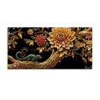Jeweled Emerald Chameleon on Golden Floral Tree 3D Canvas Wall Painting