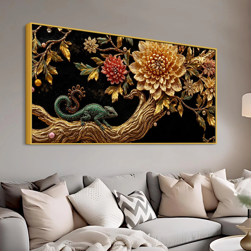 Jeweled Emerald Chameleon on Golden Floral Tree 3D Canvas Wall Painting
