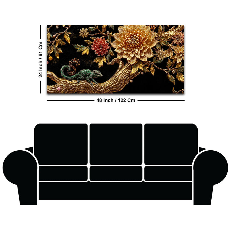 Jeweled Emerald Chameleon on Golden Floral Tree 3D Canvas Wall Painting