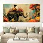 Journey of Artistic Elephant & Cute Girl Floral Canvas Wall Painting