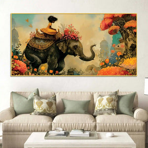 Journey of Artistic Elephant & Cute Girl Floral Canvas Wall Painting