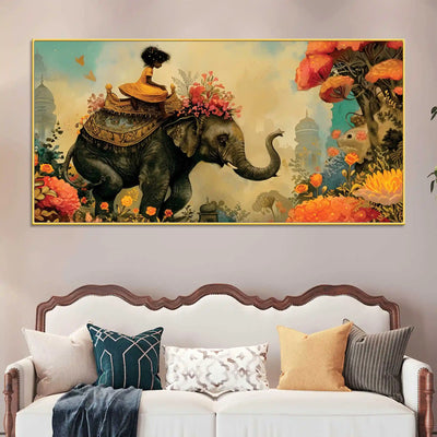 journey-of-artistic-elephant-cute-girl-floral-canvas-wall-painting
