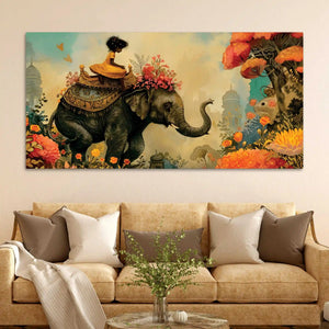 Journey of Artistic Elephant & Cute Girl Floral Canvas Wall Painting