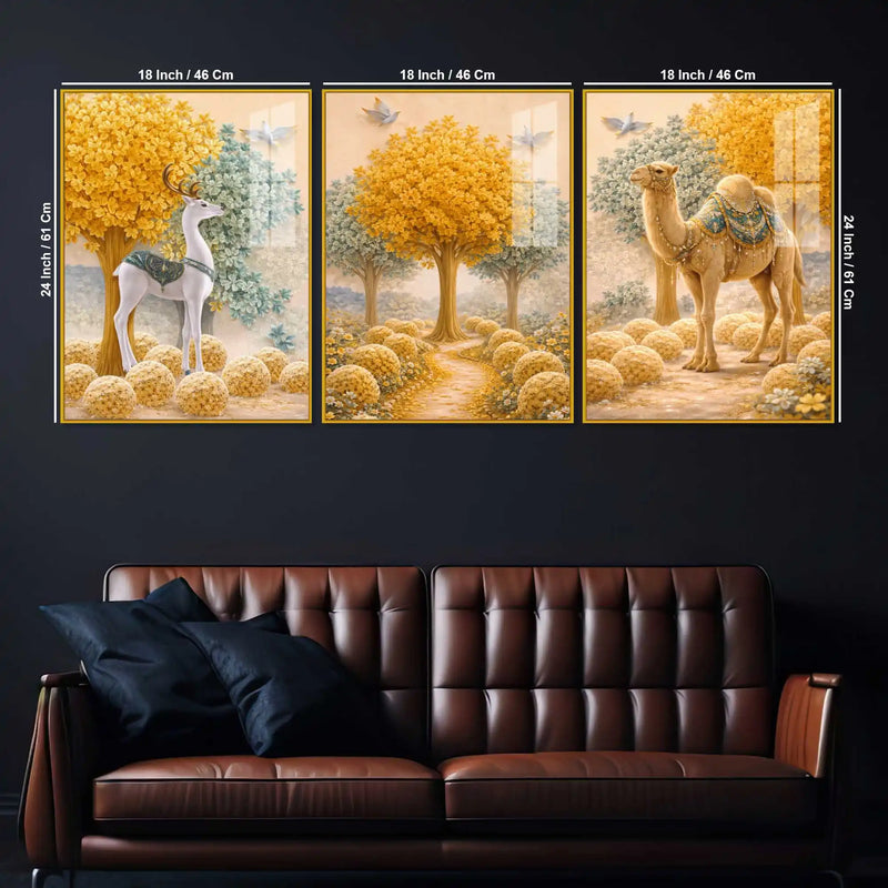 Journey Through the Golden Garden Acrylic Floating Wall Painting Set of 3