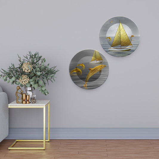 Jumping Dolphin in the Ocean Wall Hanging Plates of Two Pieces