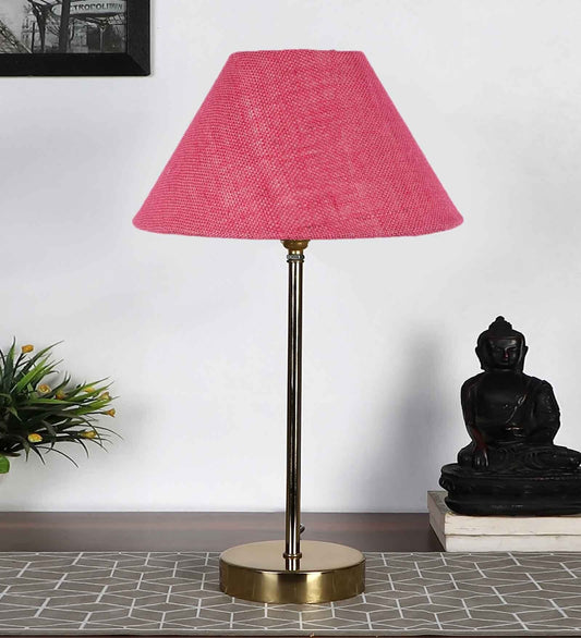 Jute Shade Textured Pink Color Table Lamp with Golden Metal Finish