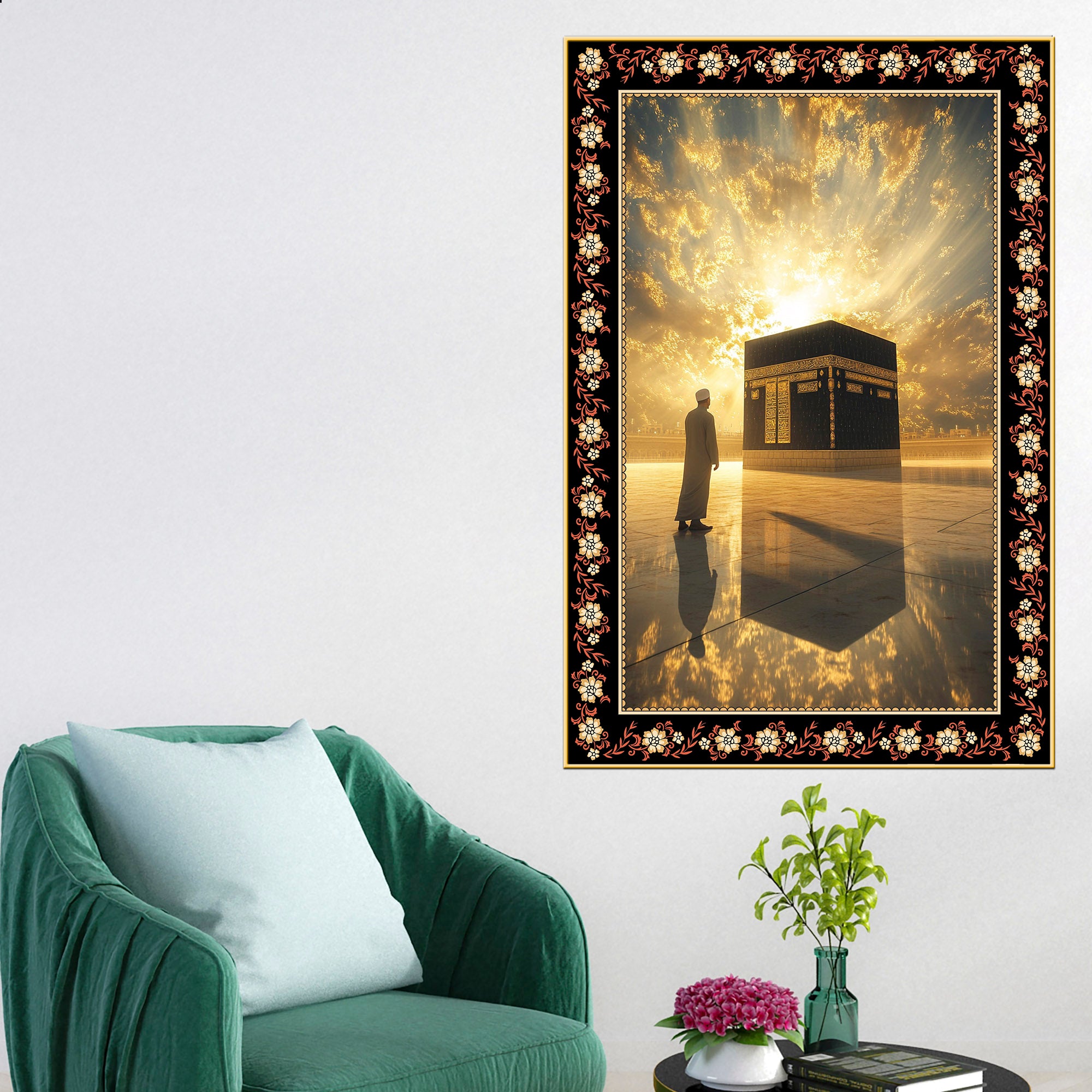 Kaaba at Mecca in Sunrise Floral Border Vertical Wall Painting