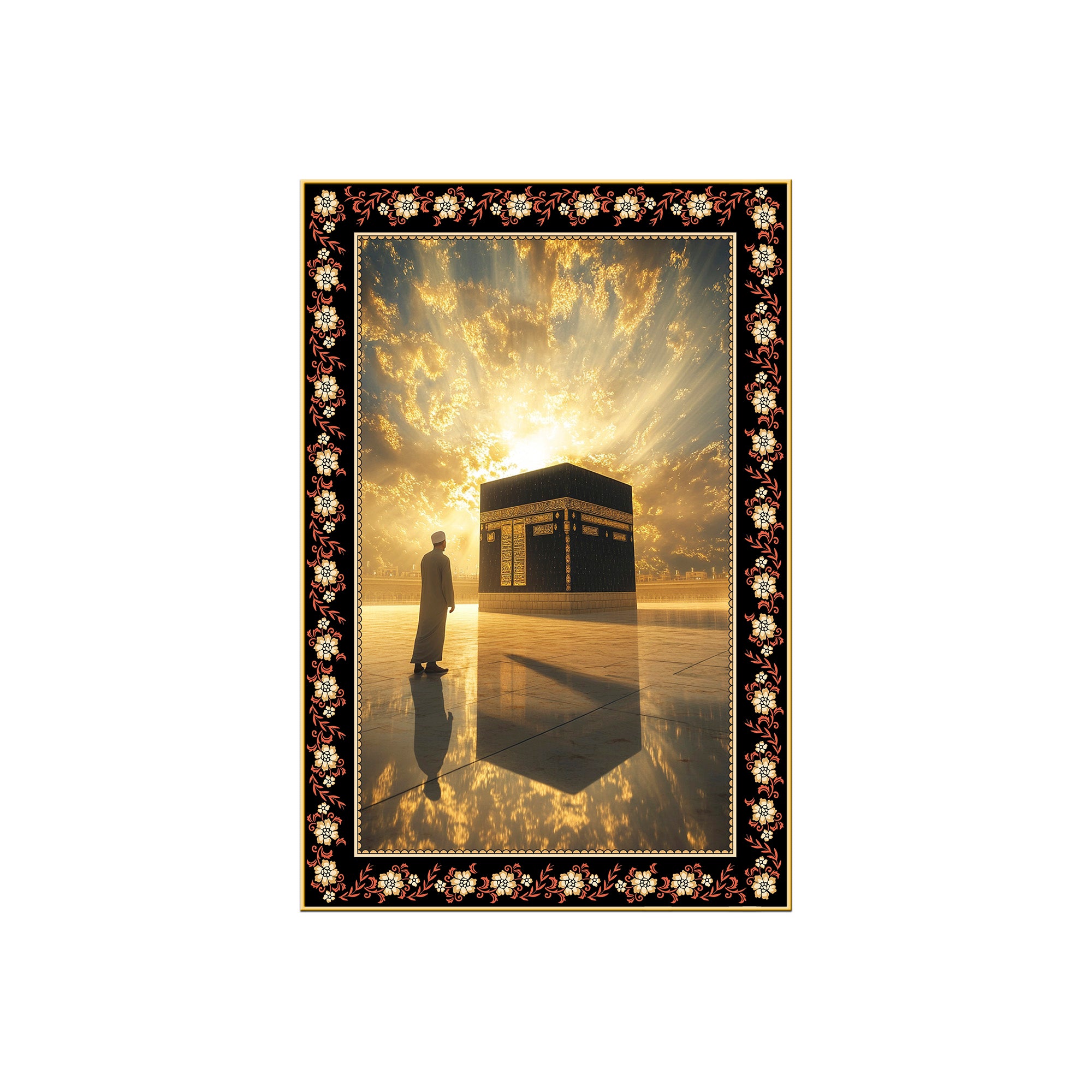 Kaaba at Mecca in Sunrise Floral Border Vertical Wall Painting