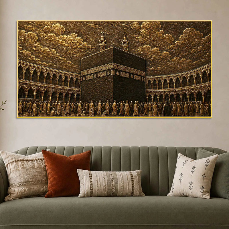 Kaaba Sharif Makkah Golden Metallic Look 3D Canvas Wall Painting