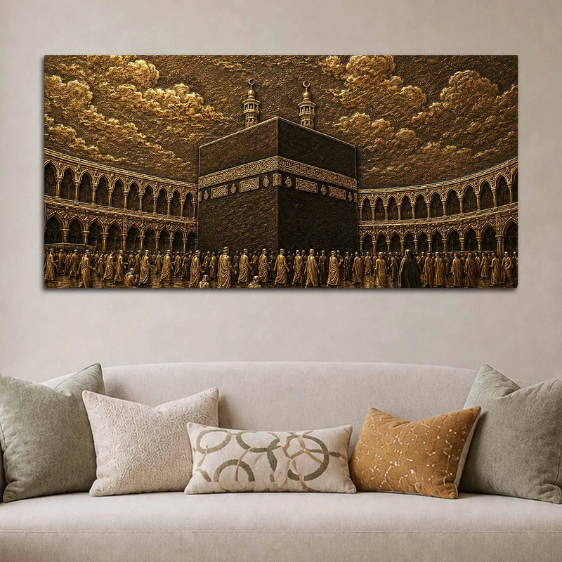 Kaaba Sharif Makkah Golden Metallic Look 3D Canvas Wall Painting