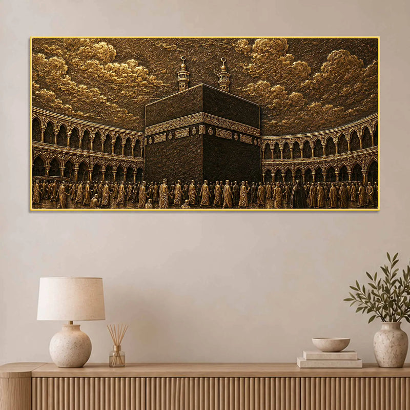 Kaaba Sharif Makkah Golden Metallic Look 3D Canvas Wall Painting