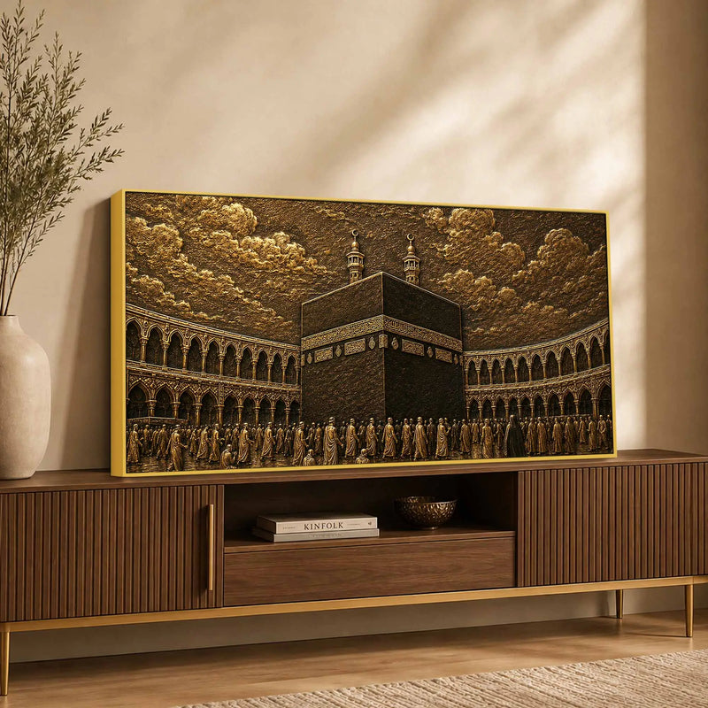 Kaaba Sharif Makkah Golden Metallic Look 3D Canvas Wall Painting