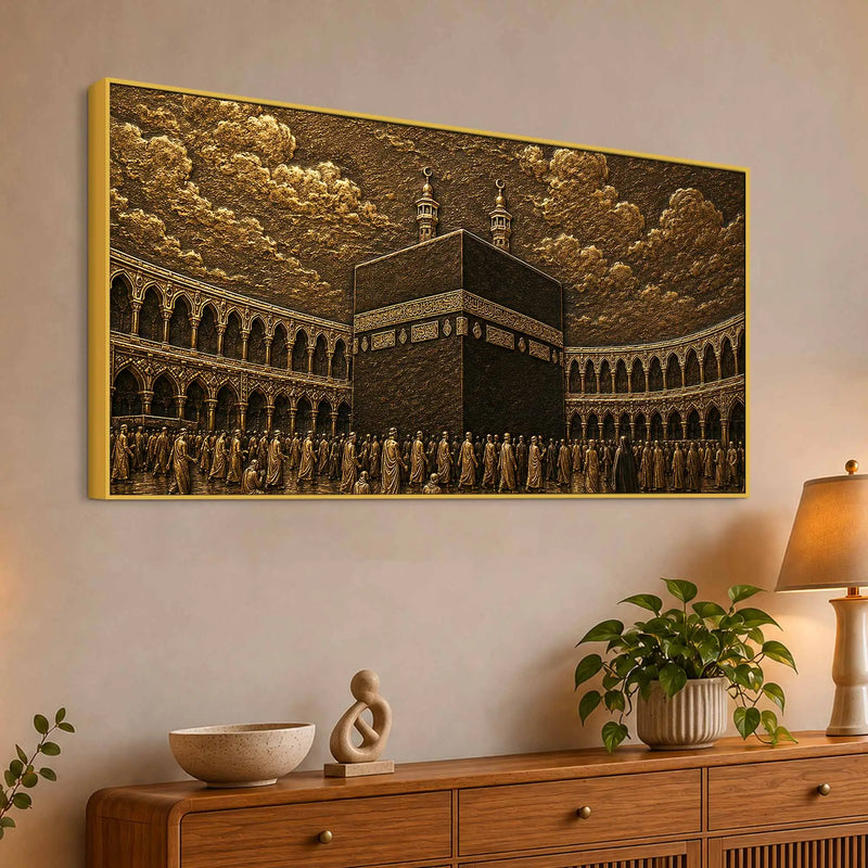 Kaaba Sharif Makkah Golden Metallic Look 3D Canvas Wall Painting