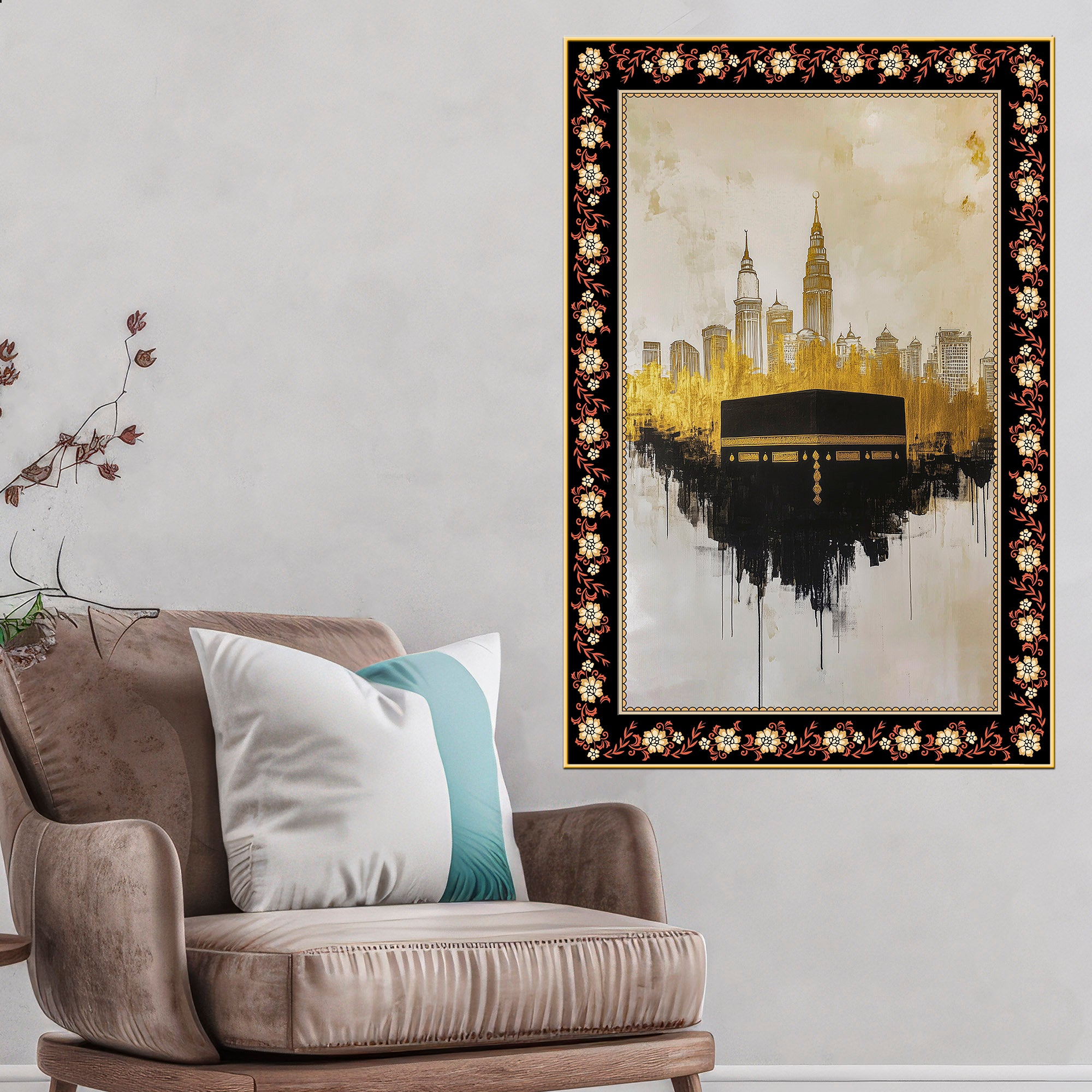 Kaaba Symbol of Unity Floral Border Vertical Wall Painting