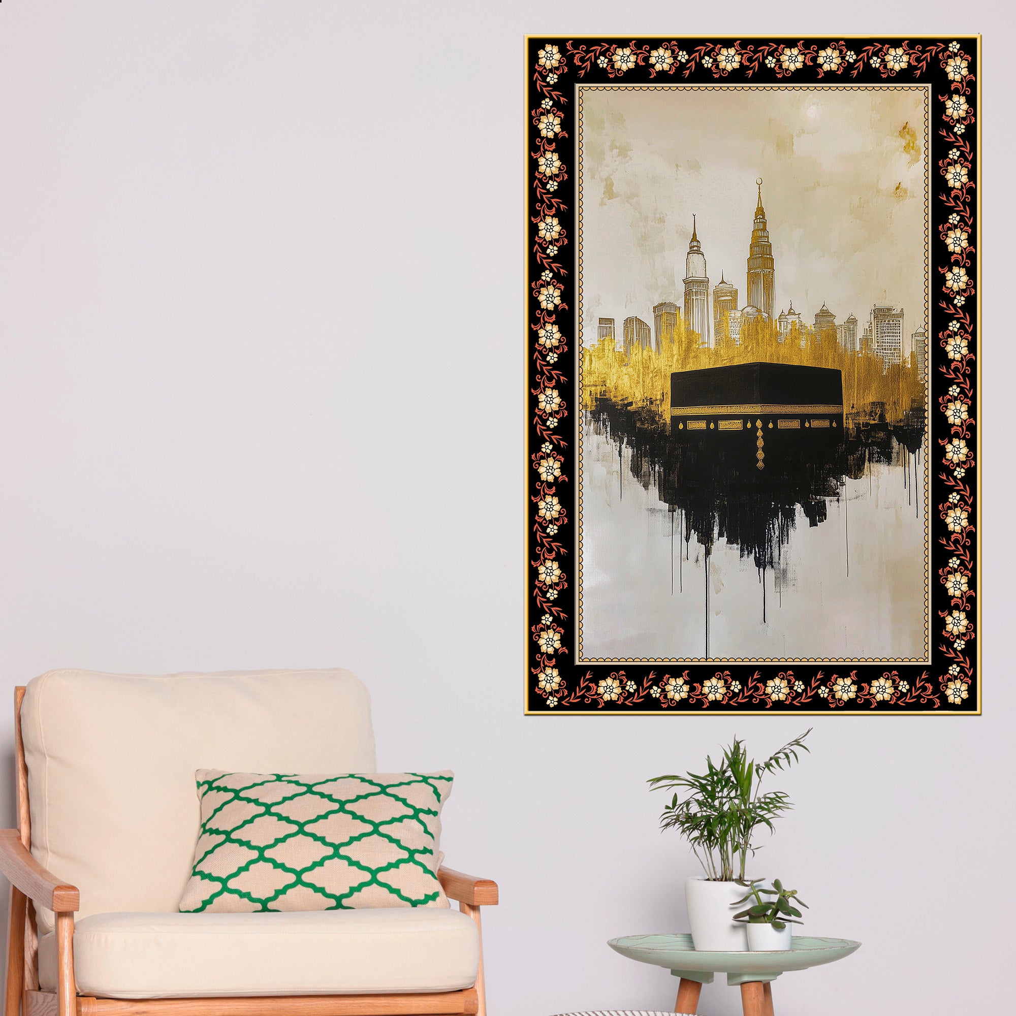 Kaaba Symbol of Unity Floral Border Vertical Wall Painting