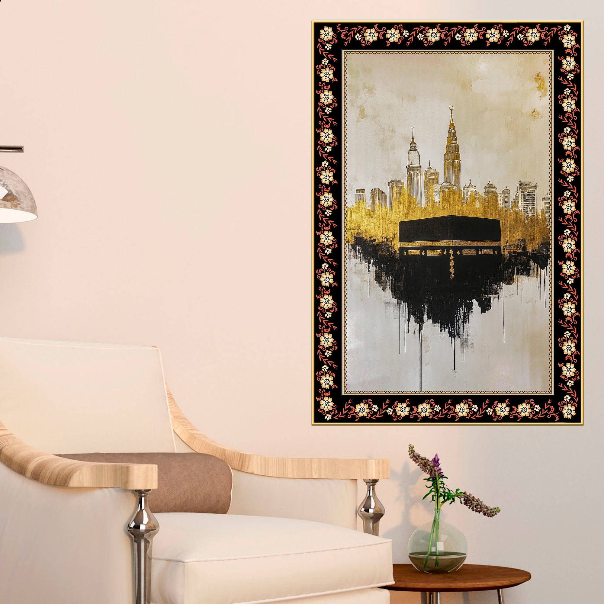 Kaaba Symbol of Unity Floral Border Vertical Wall Painting