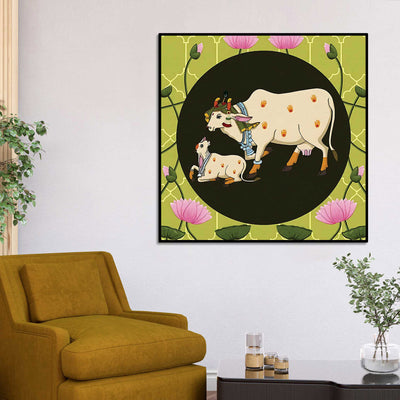 kamdhenu-cow-calf-pichwai-painting-spiritual-indian-wall-painting
