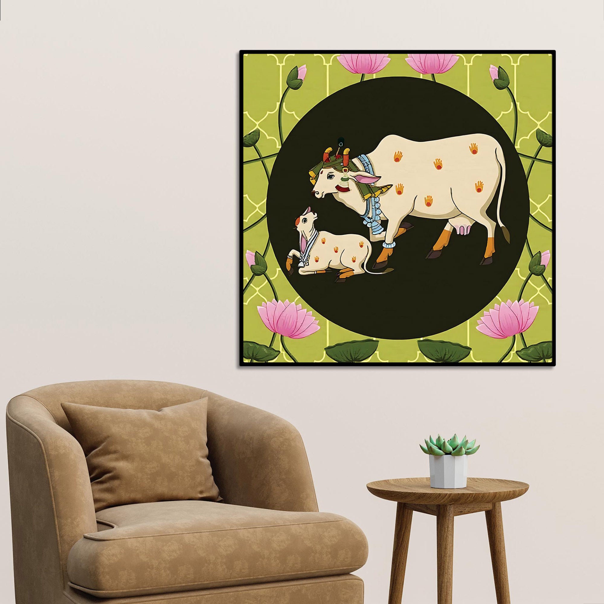 Kamdhenu Cow Calf Pichwai Painting | Spiritual Indian Wall Painting