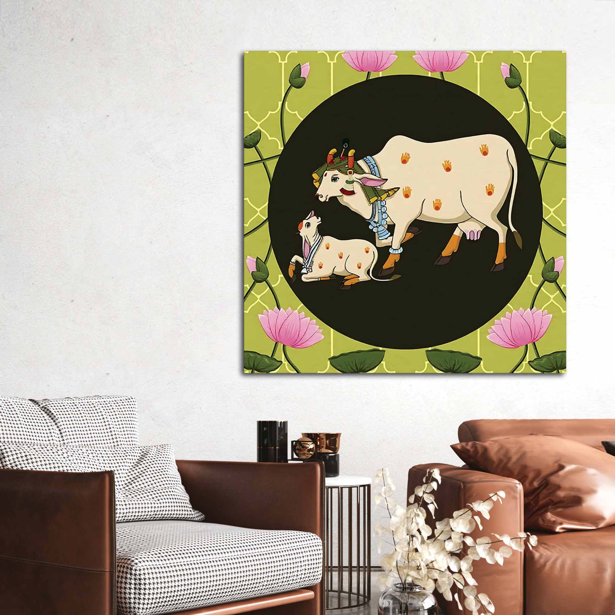 Kamdhenu Cow Calf Pichwai Painting | Spiritual Indian Wall Painting