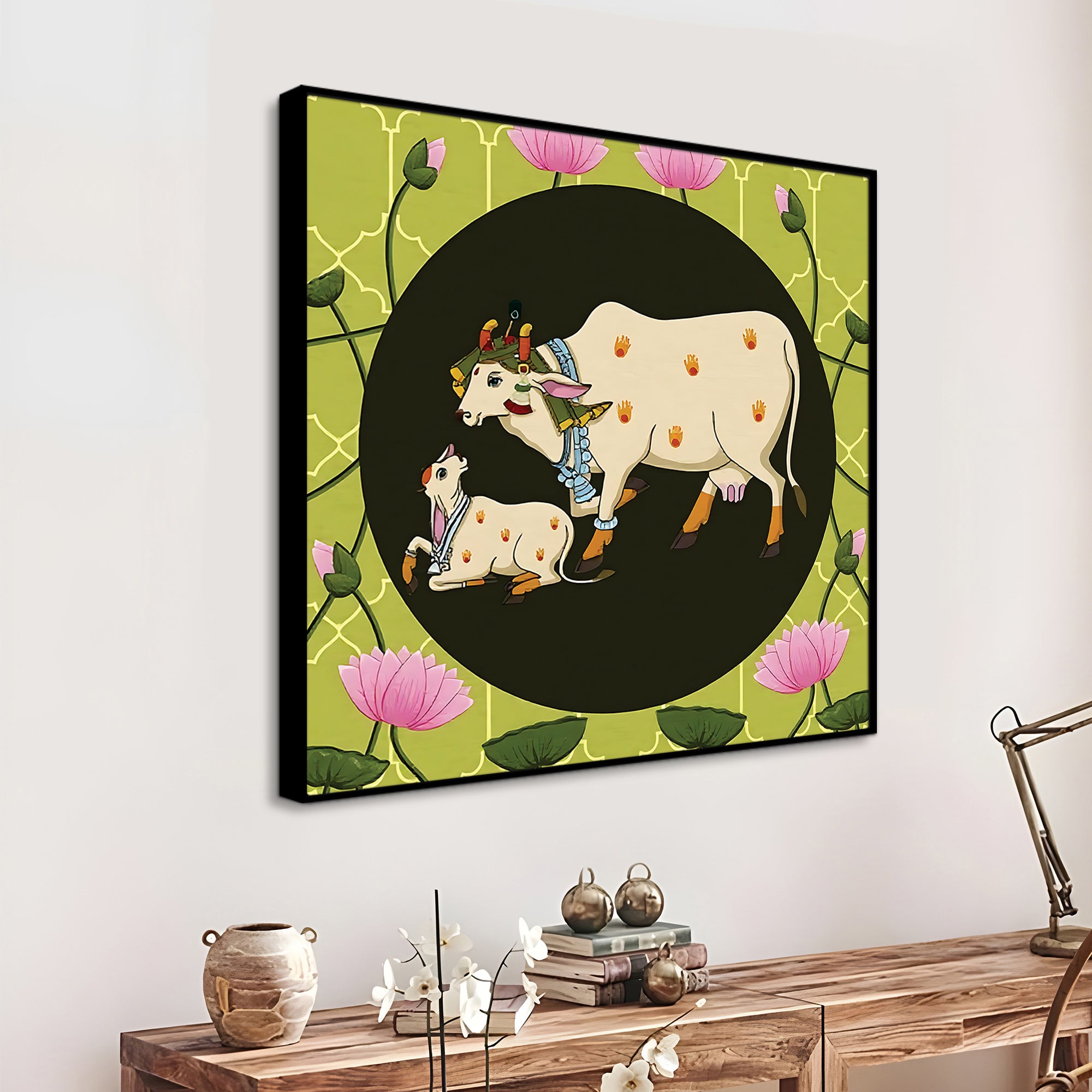 Kamdhenu Cow Calf Pichwai Painting | Spiritual Indian Wall Painting