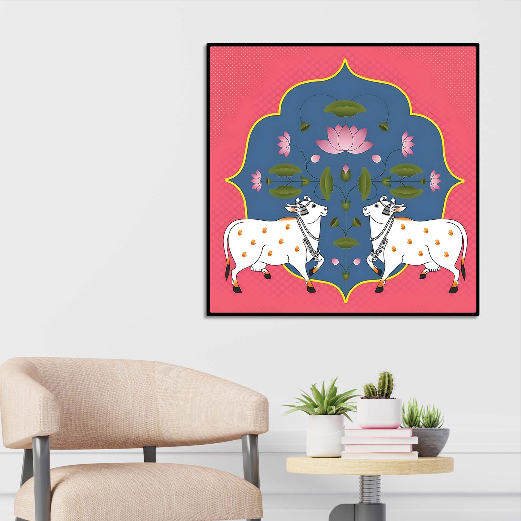 Kamdhenu Cow Pair Pichwai Painting | Hindu Spiritual Home Décor