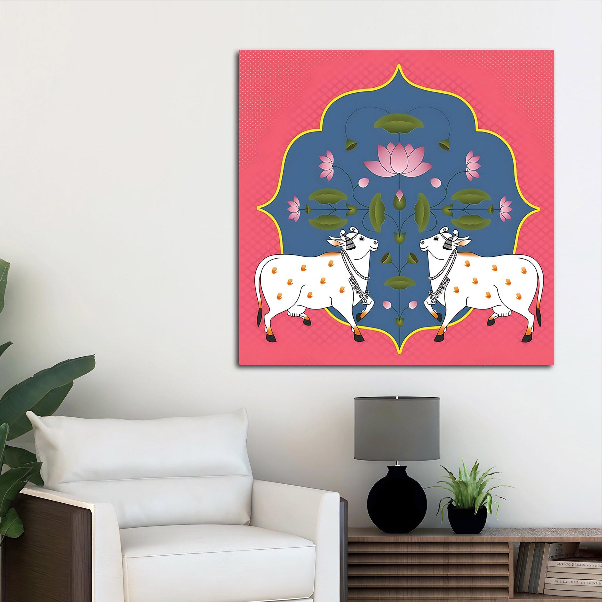 Kamdhenu Cow Pair Pichwai Painting | Hindu Spiritual Home Décor