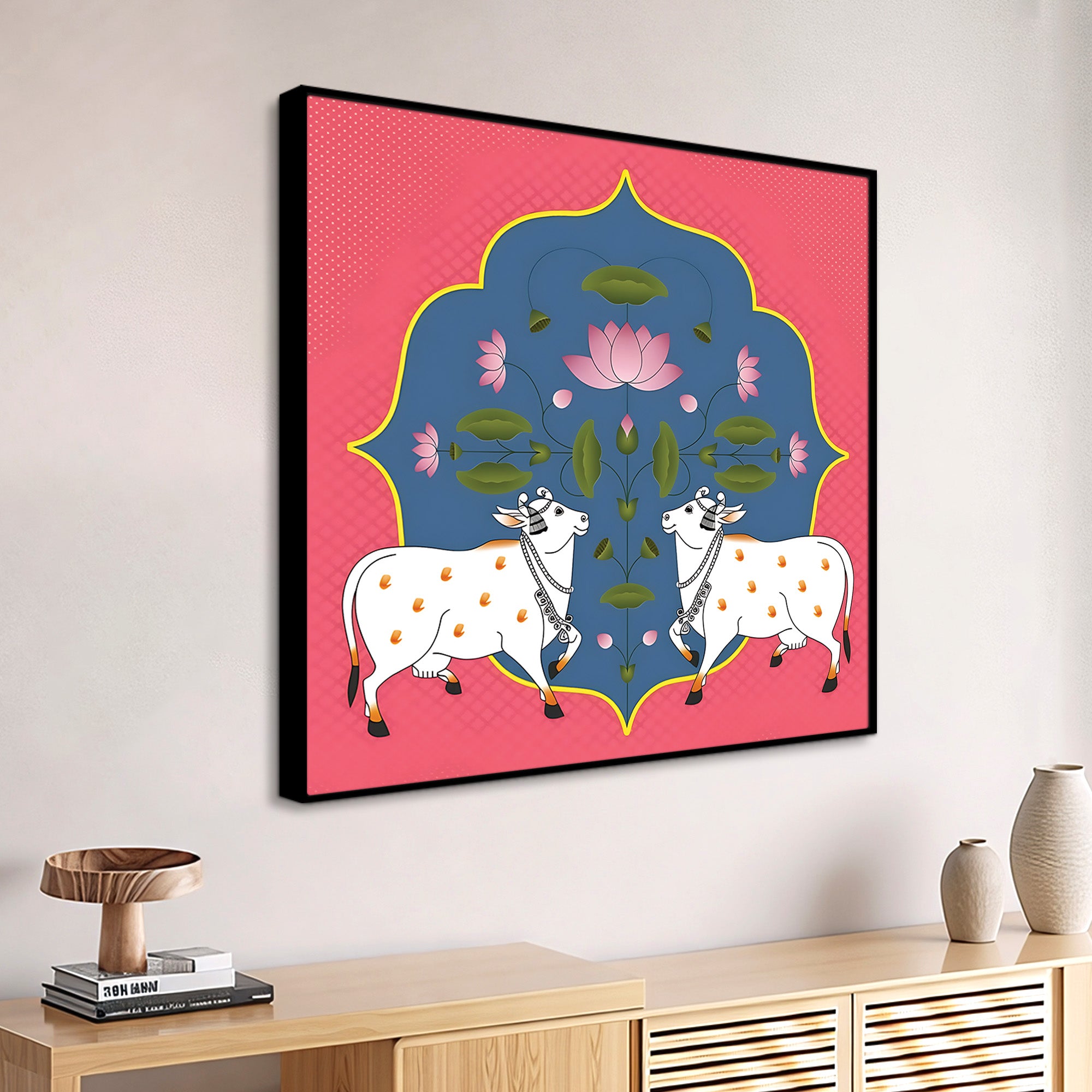 Kamdhenu Cow Pair Pichwai Painting | Hindu Spiritual Home Décor