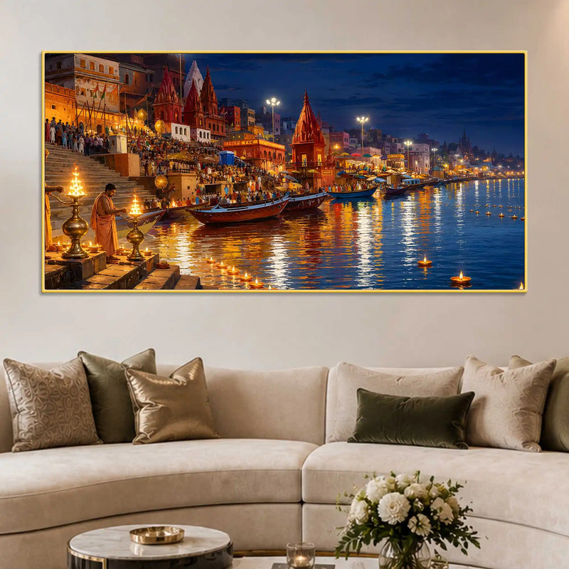 Kashi Ganga River Night View Canvas wall Painting
