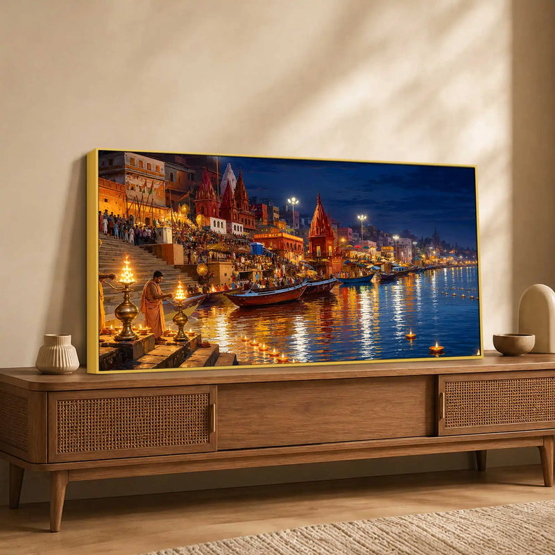 Kashi Ganga River Night View Canvas wall Painting
