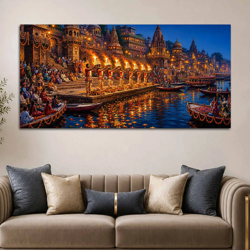 Kashi Ghat Devotional Scene Canvas Wall Art Painting for Home Decor