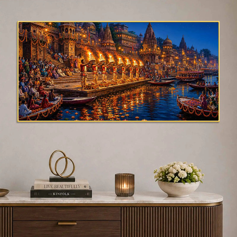 Kashi Ghat Devotional Scene Canvas Wall Art Painting for Home Decor