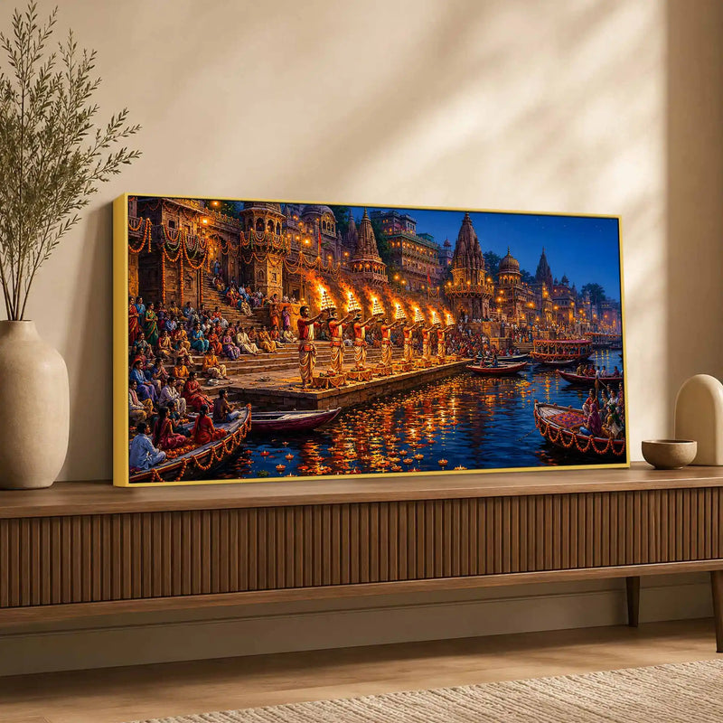 Kashi Ghat Devotional Scene Canvas Wall Art Painting for Home Decor