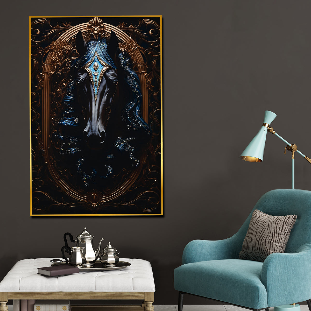 Knight Stallion Horse Framed Crystal Glass Painting