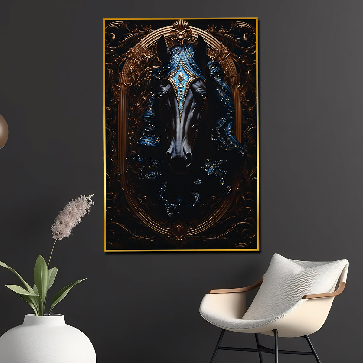Knight Stallion Horse Framed Crystal Glass Painting
