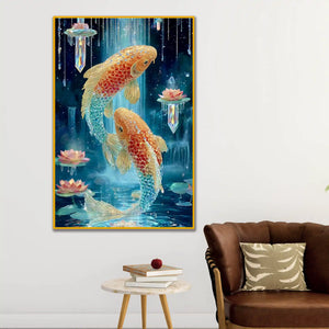 Koi Fish with Lotus Floating Frame Crystal Wall Painting