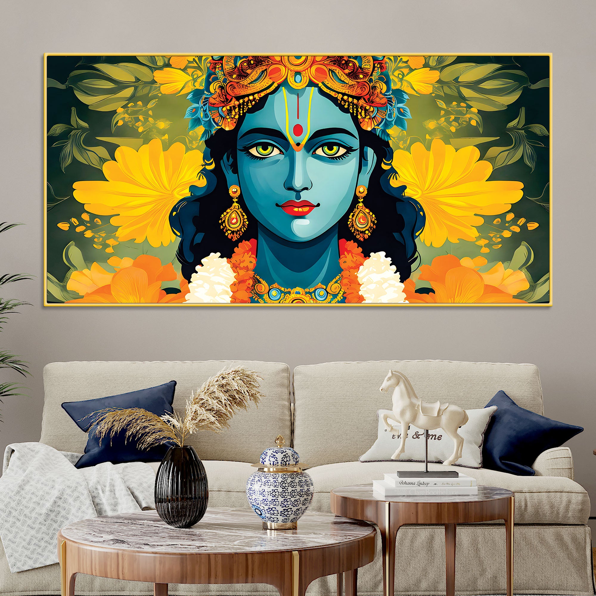 Krishna Divine Face with Flowers Wall Painting