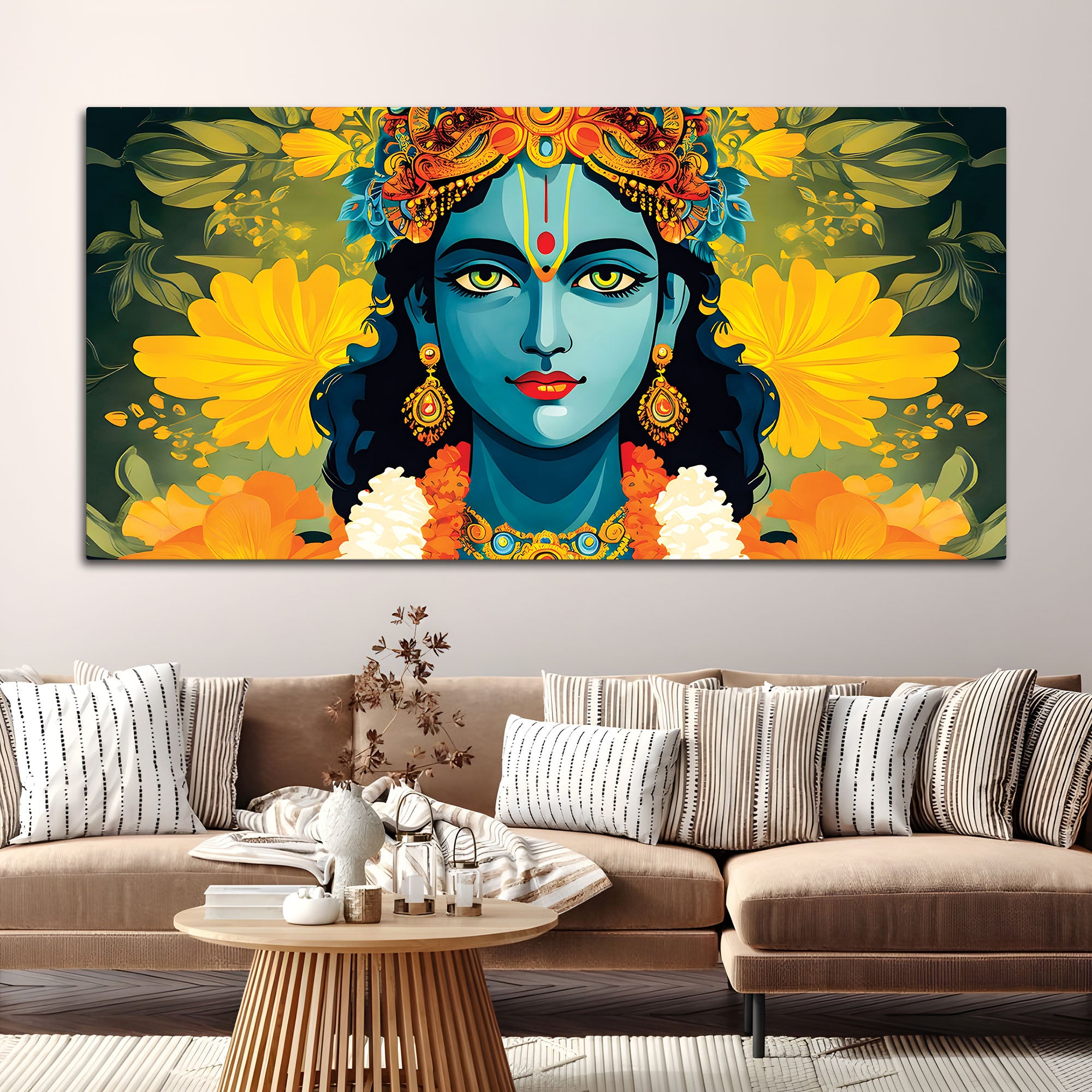 Krishna Divine Face with Flowers Wall Painting