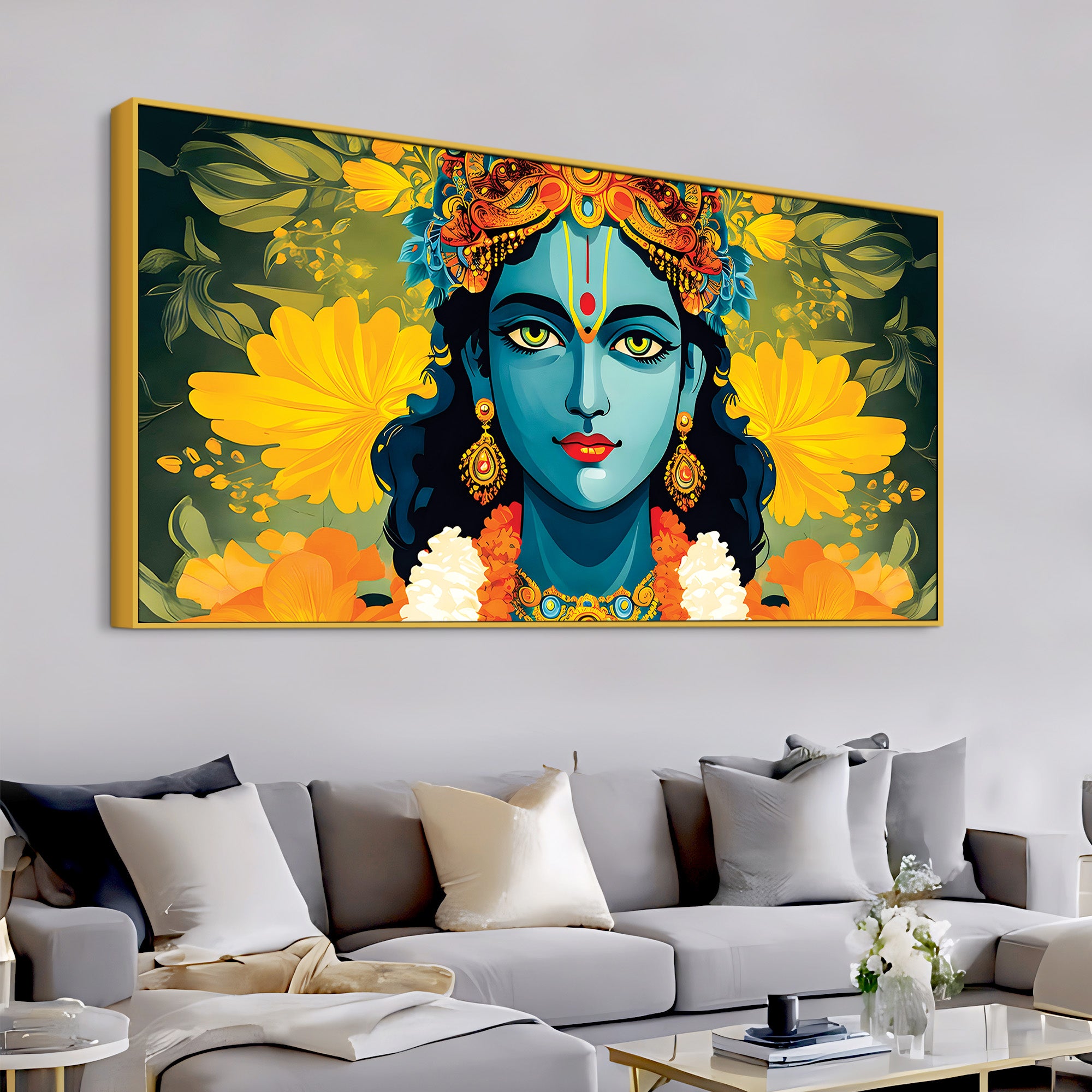 Krishna Divine Face with Flowers Wall Painting