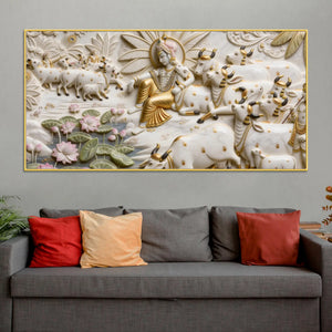Krishna Gopal in Vrindavan with cows 3D Canvas Wall Painting